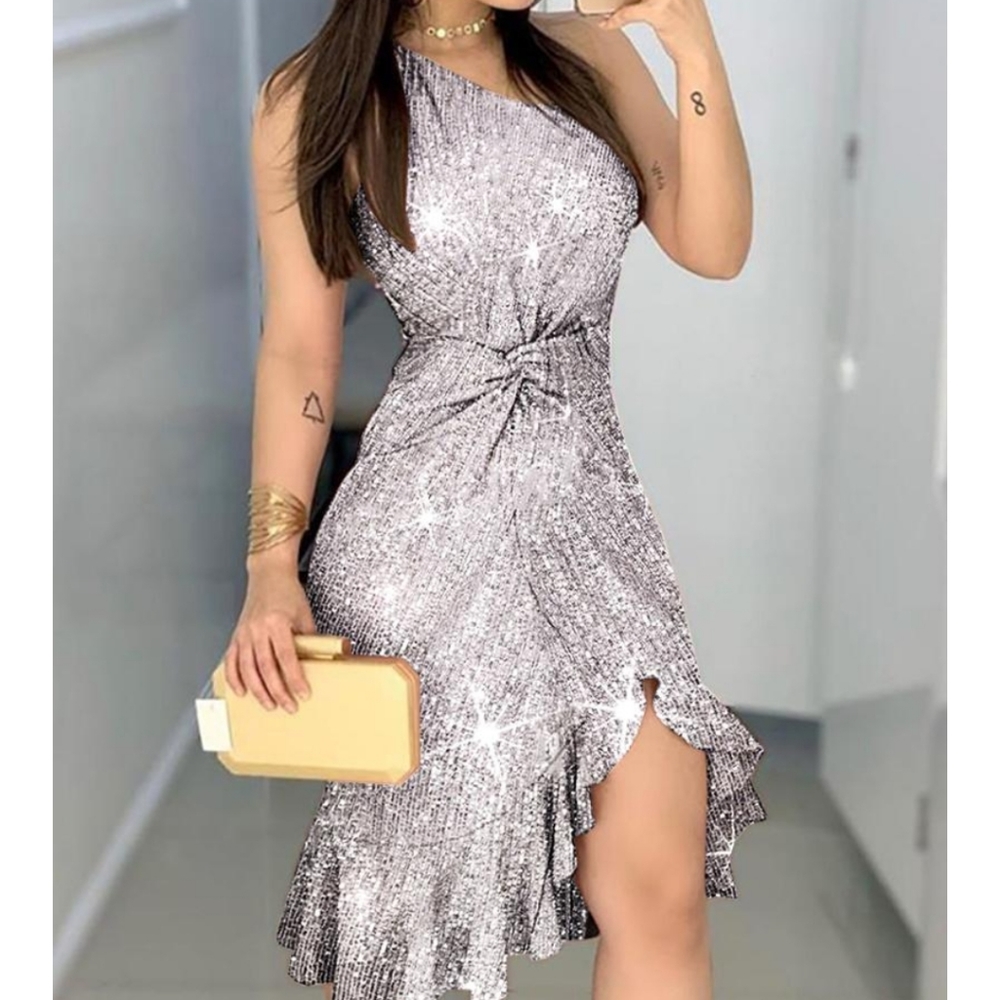 

Glitter One Shoulder Twisted Ruffles Hem Dress
